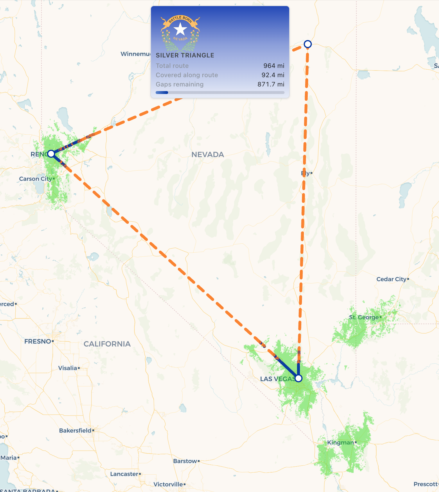 Screen capture of the MeshEnvy Network Map showing the Silver Triangle (dashed orange lines) linking Reno, Las Vegas, and northeast Nevada, with coverage areas and the route progress panel.
