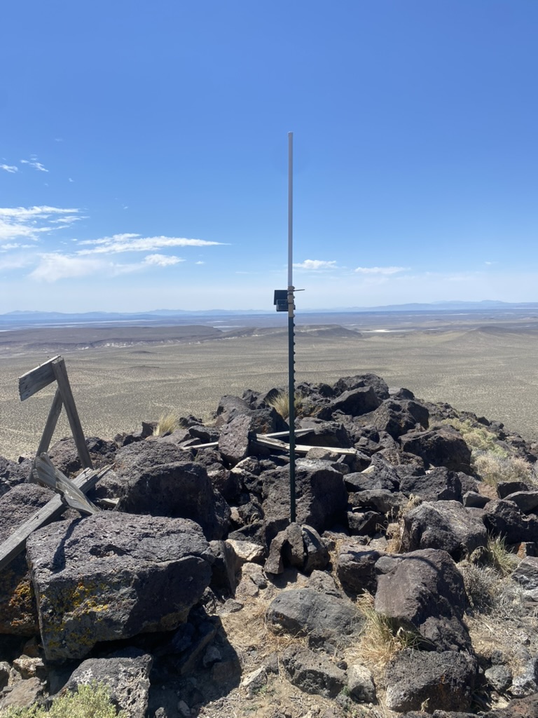 Mesh node on a T-stake overlooking dry playa and salt beds in the Carson Sink basin
