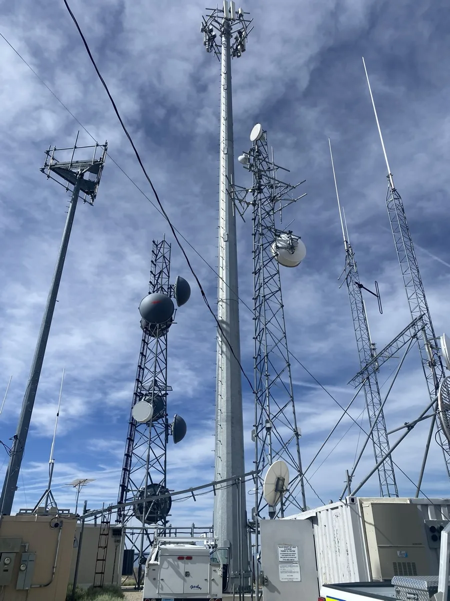 Antenna arrays and lattice towers on Brock Mountain, seen from ground level