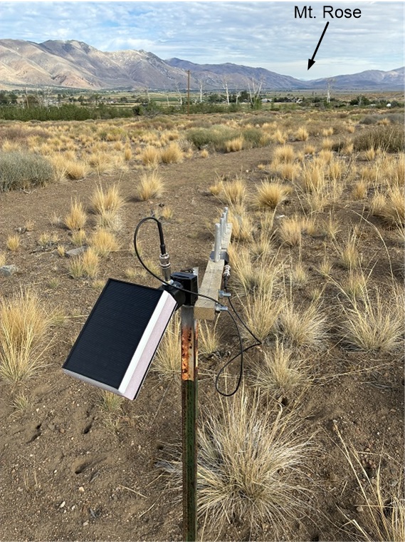 Coleville node on a T-post with solar panel and directional Yagi aimed toward Topaz and Mt. Rose