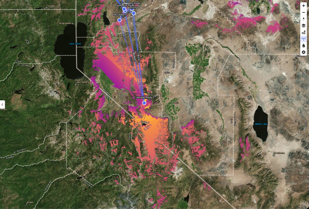 Peaky Finders coverage model from Bald Mountain toward McClellan, Davidson, Flowery, and Emma peaks