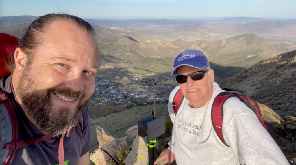 Ben and Tim at the Davidson Peak node with Virginia City and Washoe Valley in the background