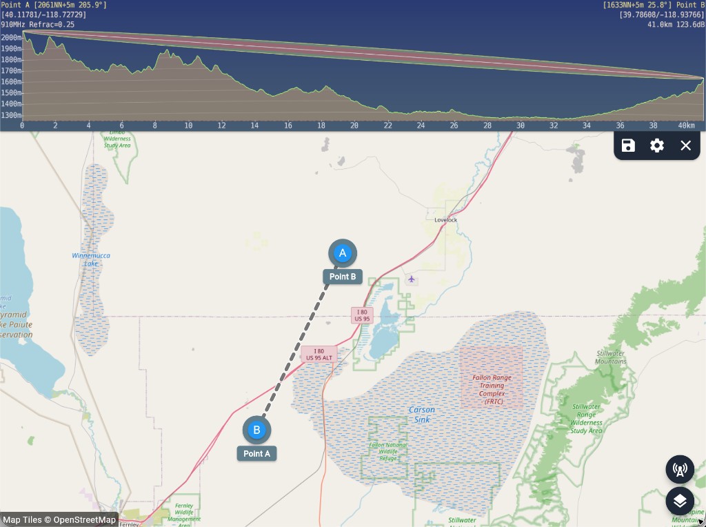 Line-of-sight path analysis from Desert Peak to Toulon Peak, about 25 miles with clear Fresnel clearance at 910 MHz