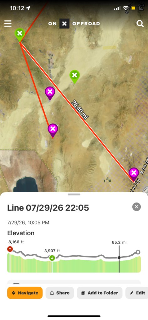 onX Offroad line-of-sight measurement from Fox Mountain to Toulon Peak, 76.4 miles across the basin with elevation profile