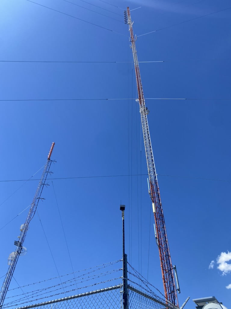 Lattice towers and the T-stake node mount looking up from the McClellan Peak fence line