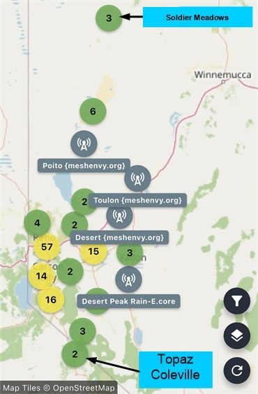 MeshEnvy coverage map from the Soldier Meadows area north of Black Rock to Topaz and Coleville south, about 210 miles