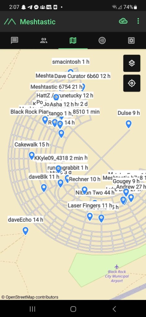 Meshtastic map of Black Rock City from a previous burn, mesh nodes plotted across the playa