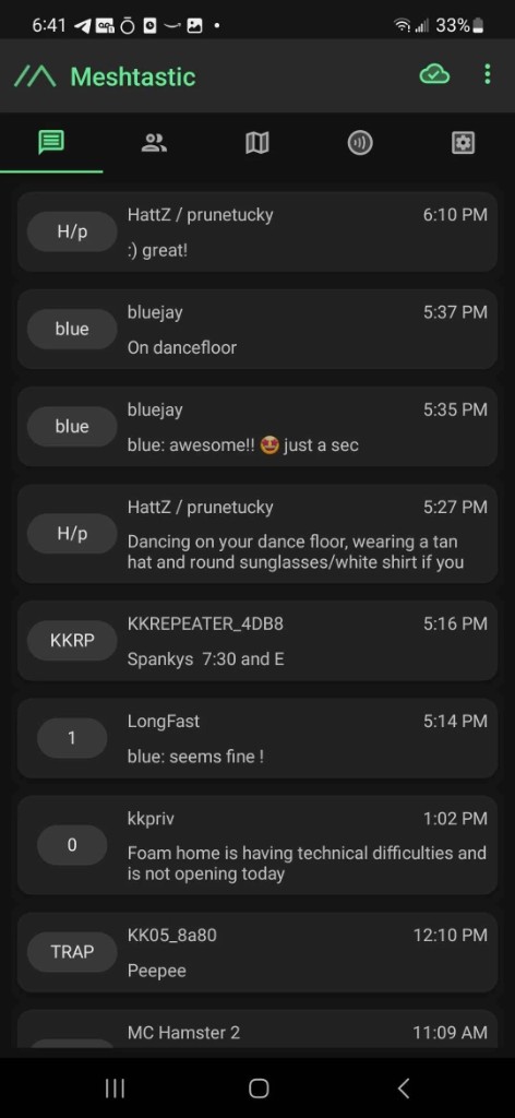 Meshtastic message thread from a previous burn: camps coordinating meetups and updates over the mesh