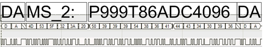 Serial Module packet format captured with a logic analyzer showing preamble, node short name, ASCII payload, and postamble