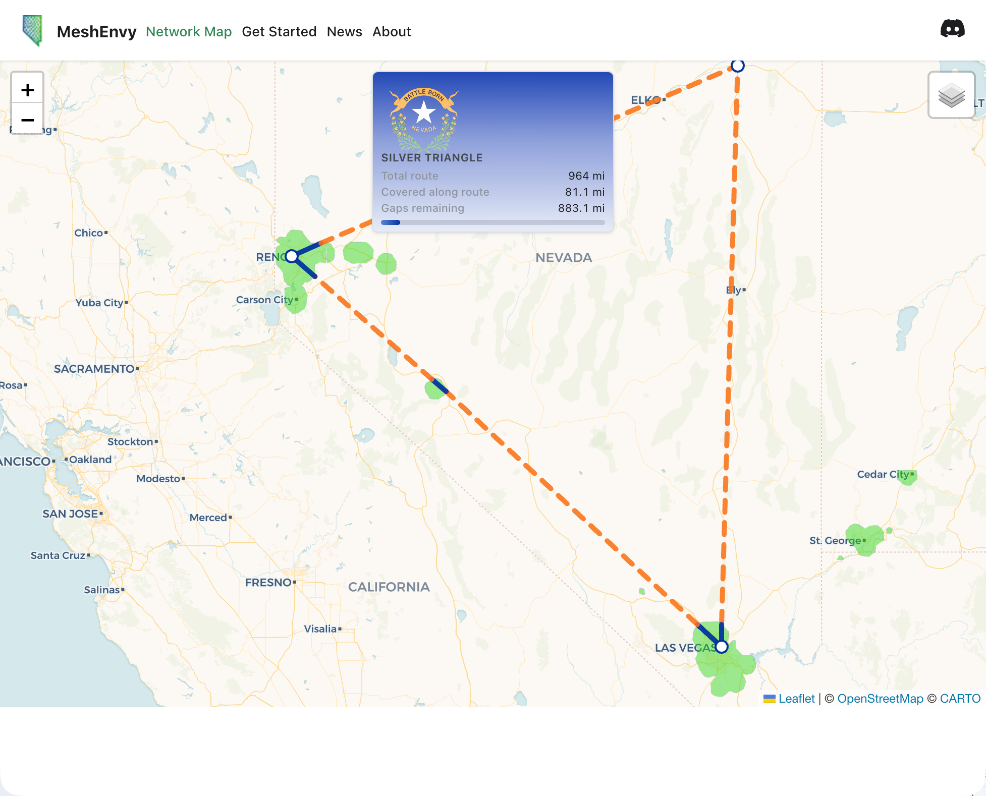 Screen capture of the MeshEnvy Network Map showing the Silver Triangle (dashed orange lines) linking Reno, Las Vegas, and northeast Nevada, with coverage areas and the route progress panel.