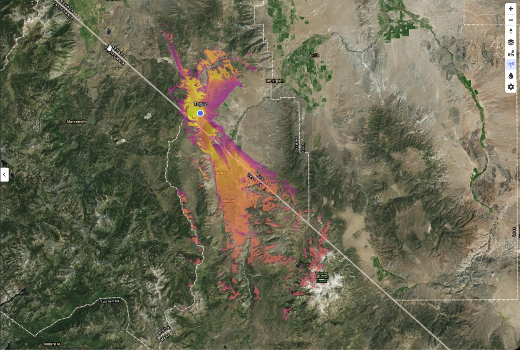 Peaky Finders coverage overlay for the Topaz node across the Coleville and Topaz Lake basin