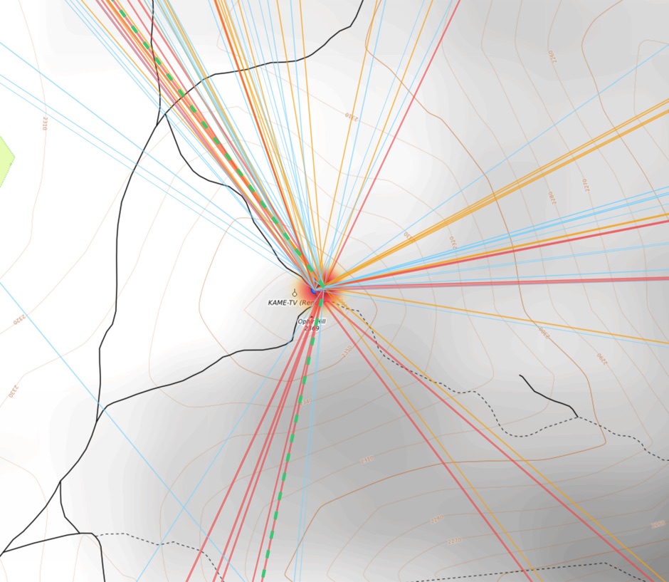 Map of mesh paths radiating from a tower-partner repeater hub near Virginia City